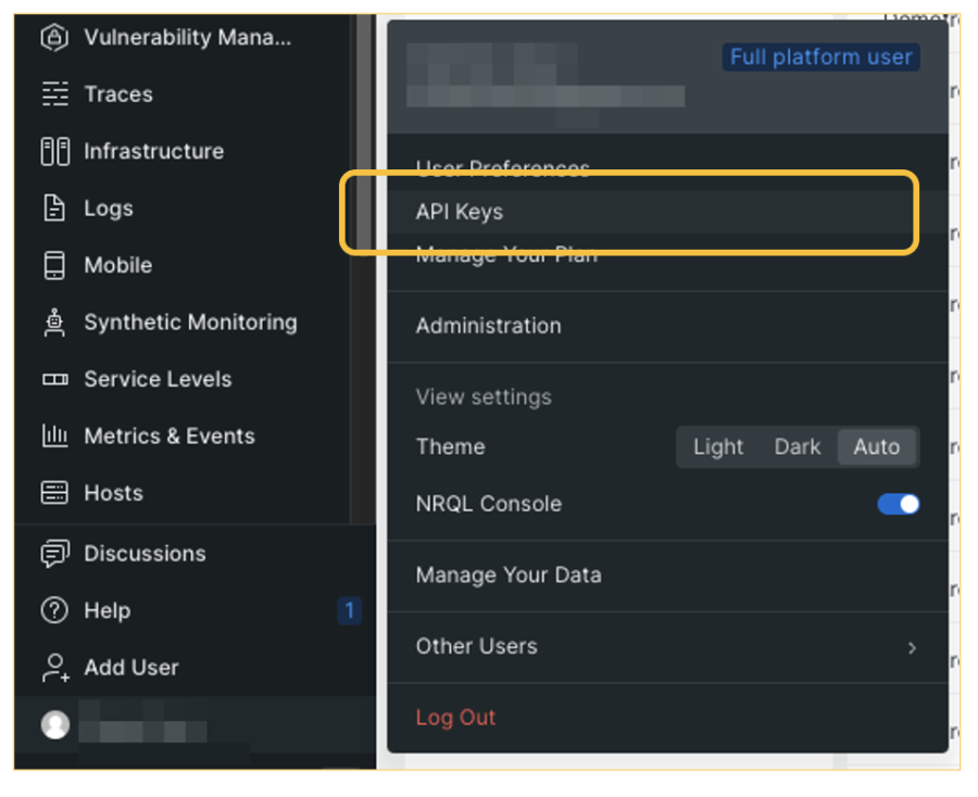 表示されるプルダウンメニューからAPI Keyメニューを選択する