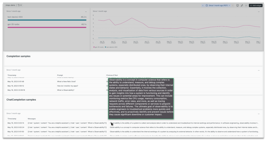 Screenshot of OpenAI Observability quickstart with prompts and completions