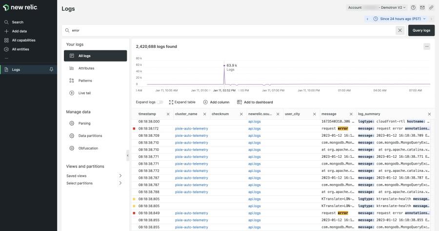 View of the logs UI showing a list of logs and a graph showing log volume over time.