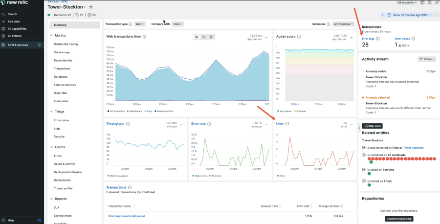 New Relic APM概要ページの関連エラーログのスクリーンショット