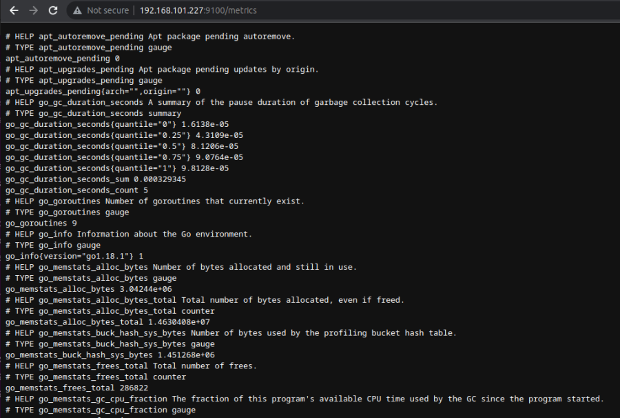 Prometheus node exporter data via a simple web page running on the machine at http://localhost:9100/metrics