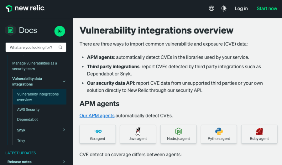 New Relic Vulnerability Management overview page.