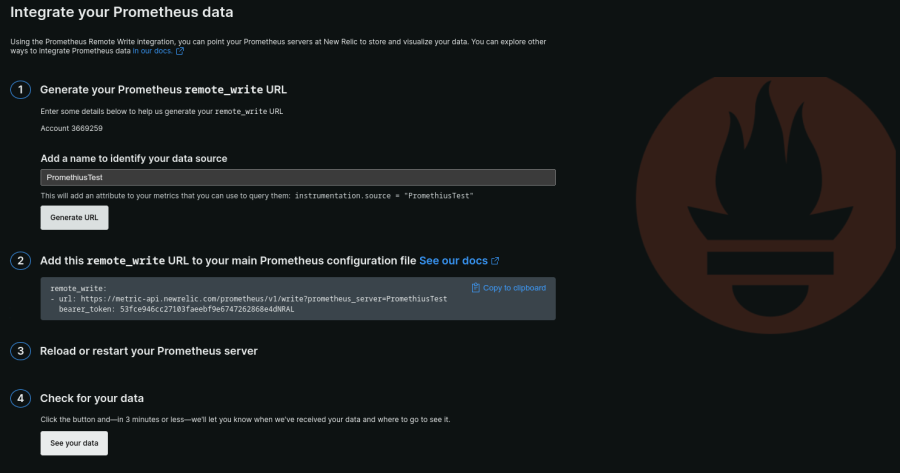 The installation page in New Relic for integrating Prometheus data.