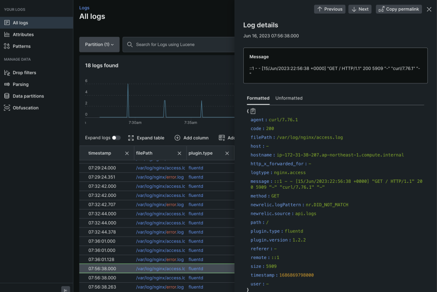 送信されたログが、New RelicのLogs UI上でどのように表示されているか確認してみましょう。