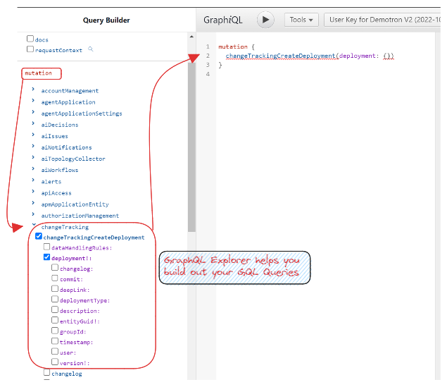 An example of how the NerdGraph explorer can help you build a GraphQL query to create a change tracking marker.