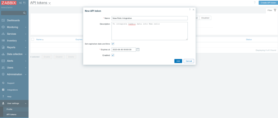 The menu for creating a new API token in Zabbix