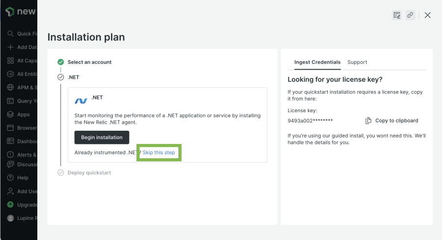 Select "Skip this step" to deploy the dashboard from the Installation Plan page within the .NET Core quickstart.