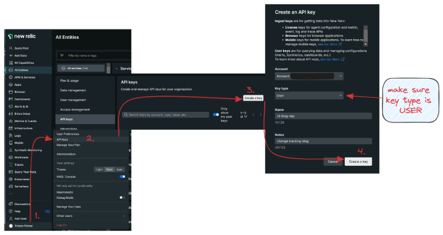 How to access your API keys in New Relic, and how to create a new one.