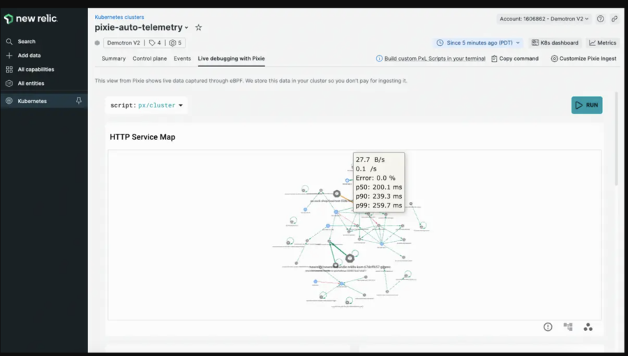 Screenshot of live debugging with Pixie in New Relic