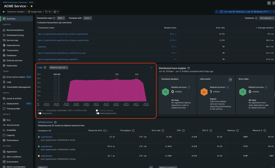 トラブルシューティングに最も関連のあるログを表示する、New Relic APM 360のログパターンのスクリーンショット。