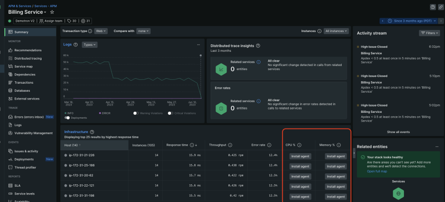 インフラストラクチャインストゥルメンテーション向けにエージェントをインストールする必要がある時期を見極める、New Relic APM 360のスクリーンショット。 