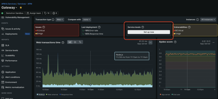 サービスのSLOが欠落している場合に表示される、New Relic APM 360サービスレベルタイルのスクリーンショット。