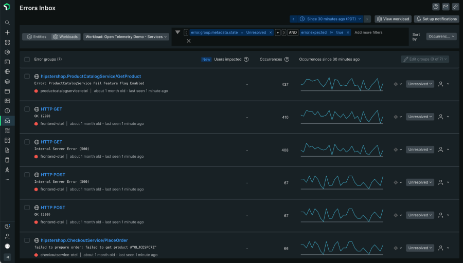 Screenshot of an errors inbox example for a workload called "OpenTelemetry Demo - Services"