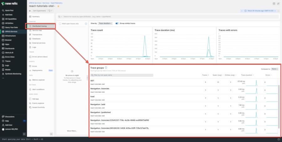 Screenshot of APM & services > Service Name > Distributed tracing in New Relic