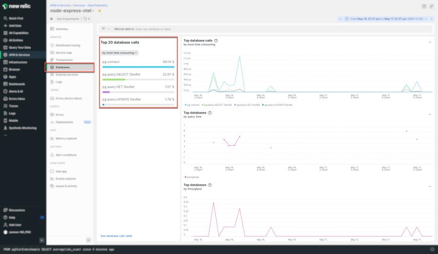 Screenshot of Top 20 database calls in New Relic