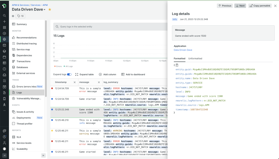 Data Driven Dave info log details