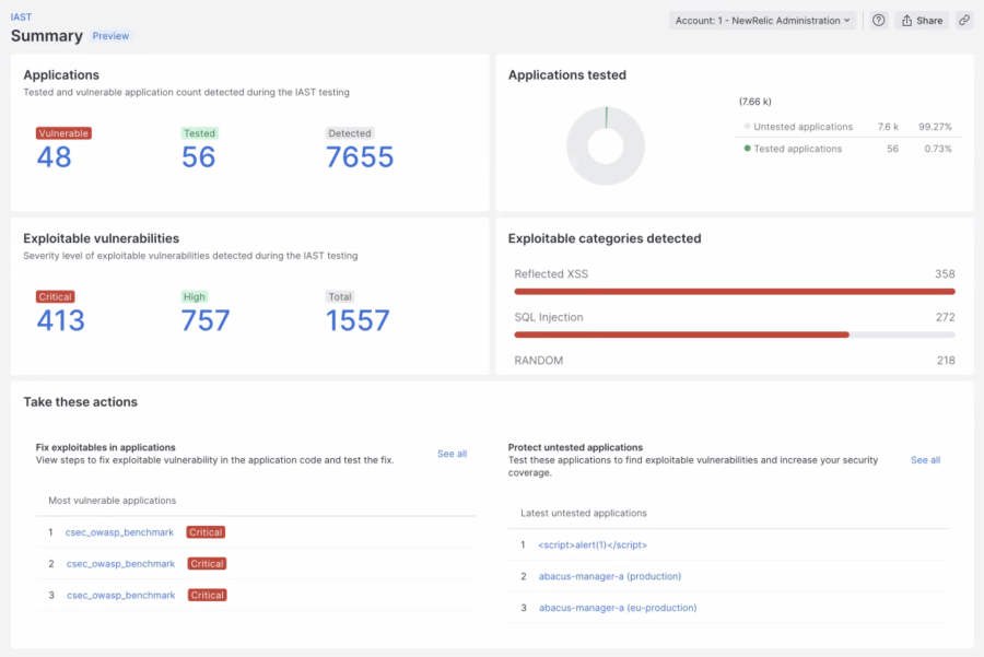 New Relic IASTの概要ビュー