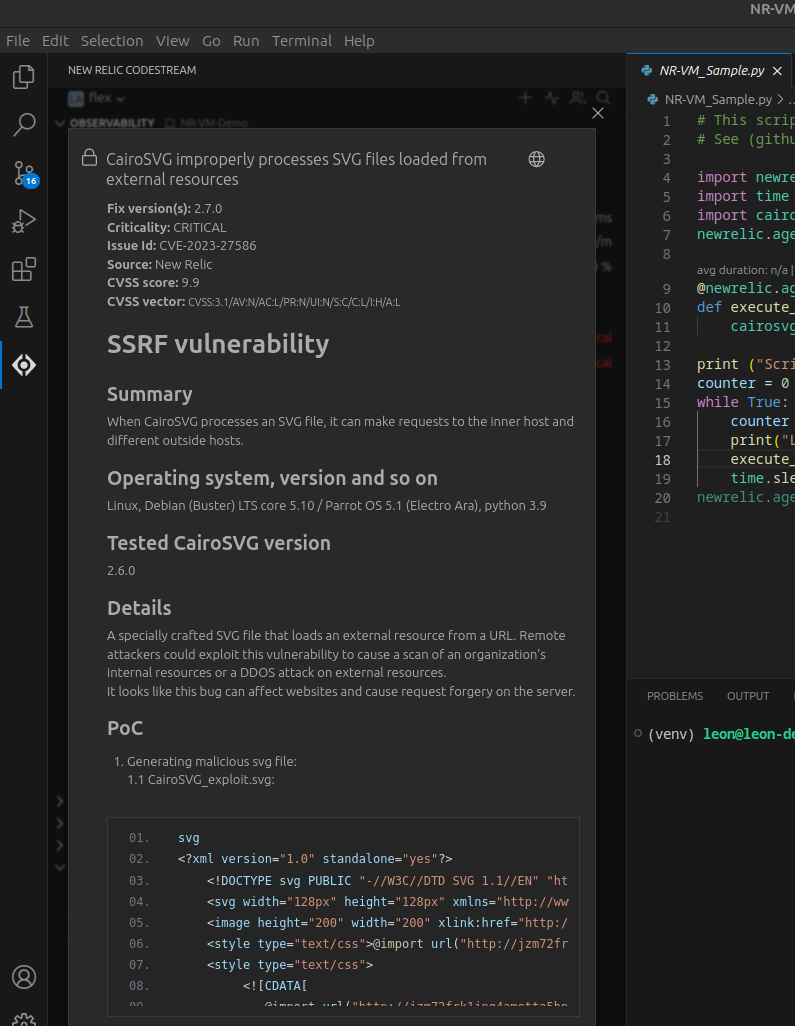 IDE modal displaying vulnerability summary