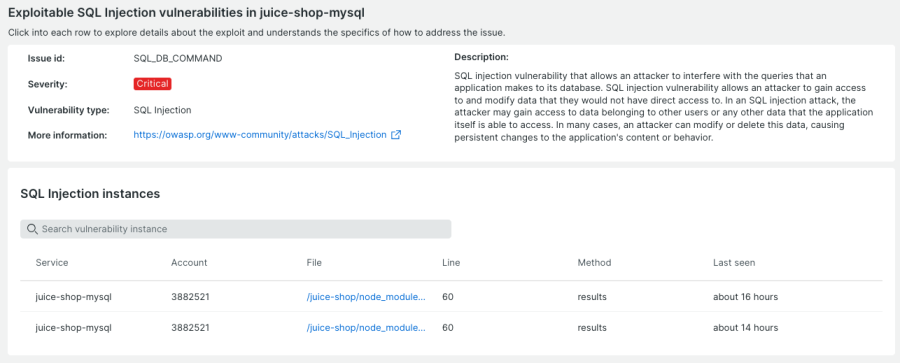 選択した脆弱性に関する情報を表示するSQLインジェクションの問題