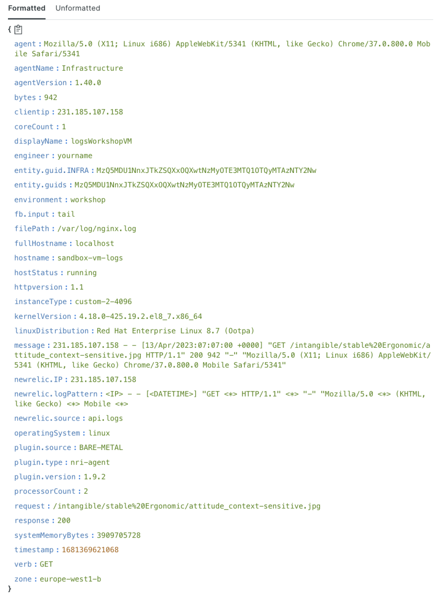 an example of successfully parsed log in New Relic