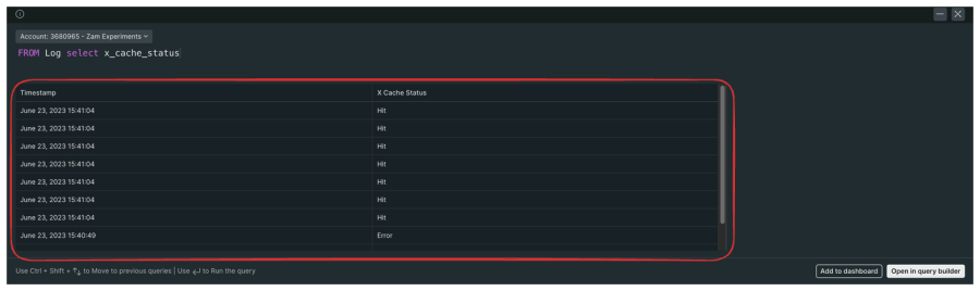 Results from checking logs with NRQL based on cache status