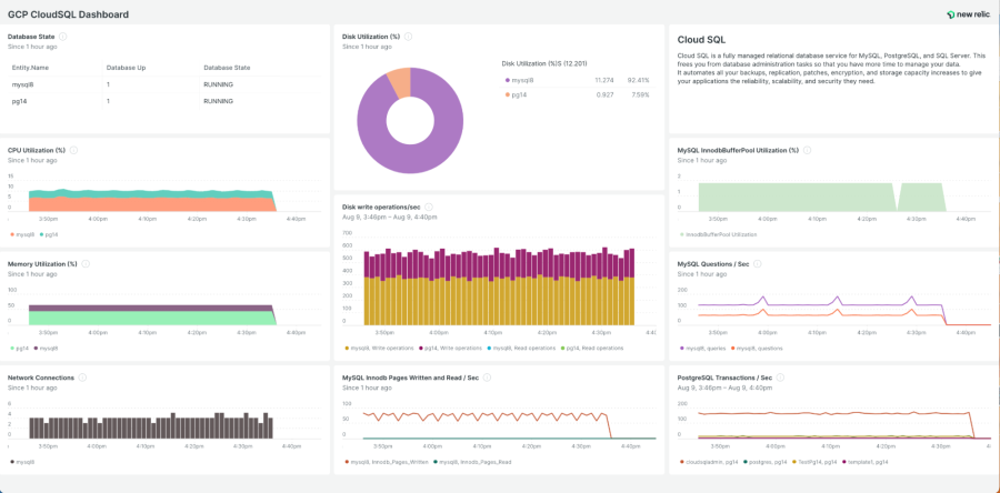 Metrics for Cloud SQL displayed in New Relic 