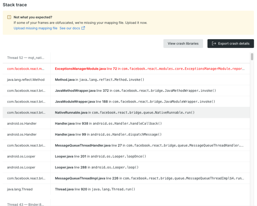 Dashboard displaying crash stack trace