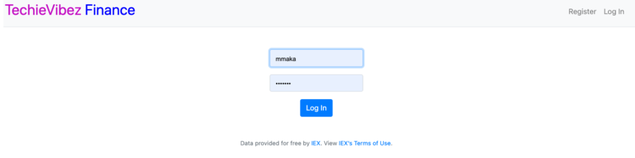 The login page for the TechieVibez Finance application is being displayed.