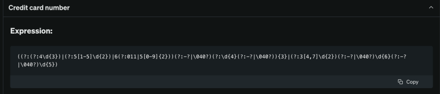 The regular expression (regex) is being shown for a credit card number.