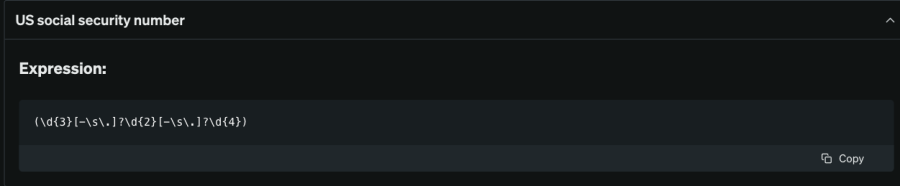 The regular expression (regex) is being shown for a US social security number.