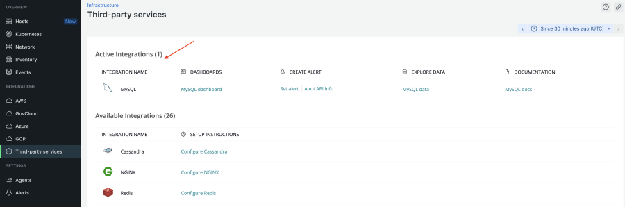 Image showing active mysql integration under infrastructure