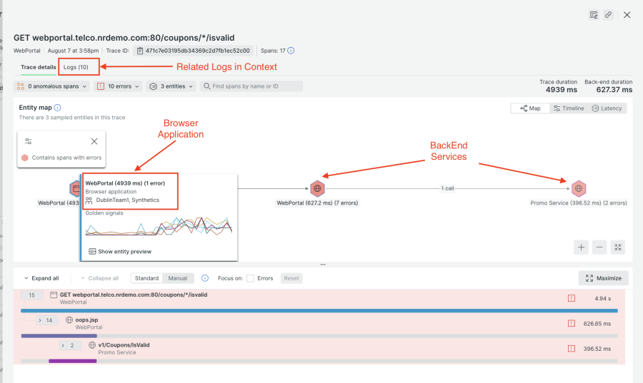 Screenshot depicting following a call from the browser application through backend services all in one trace