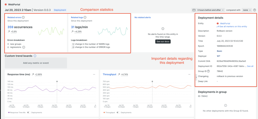 Example change tracking UI for automatic deployment.