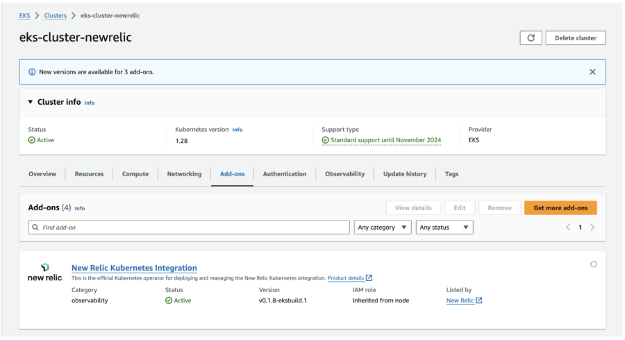 New Relic EKS add-on installed