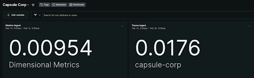 This image shows a comparison of distributed trace storage size compared to transformed metrics storage size