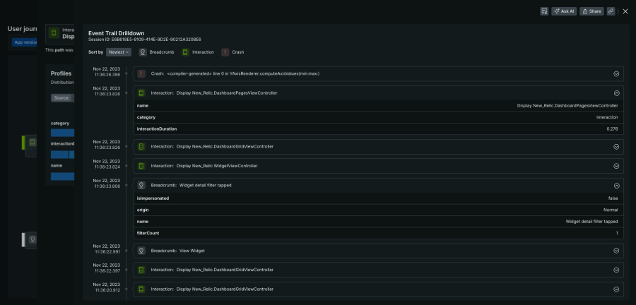 A view of a session event trail drilldown with events expanded.