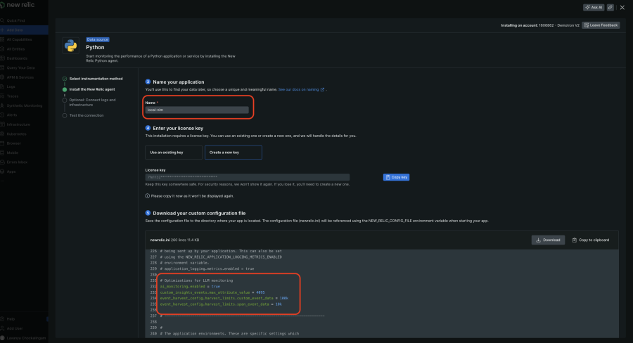 AI MonitoringのPythonエージェントインストゥルメンテーションを示すスナップショット