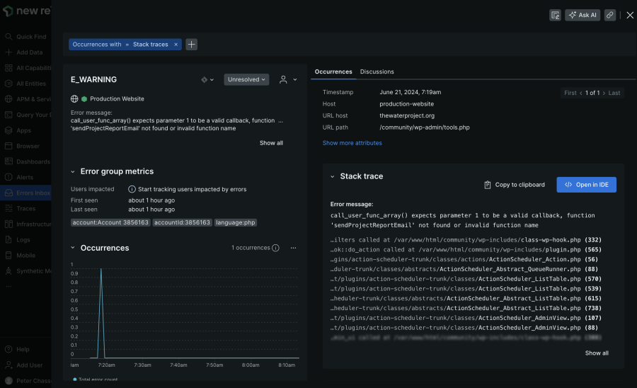 New Relic error dashboard