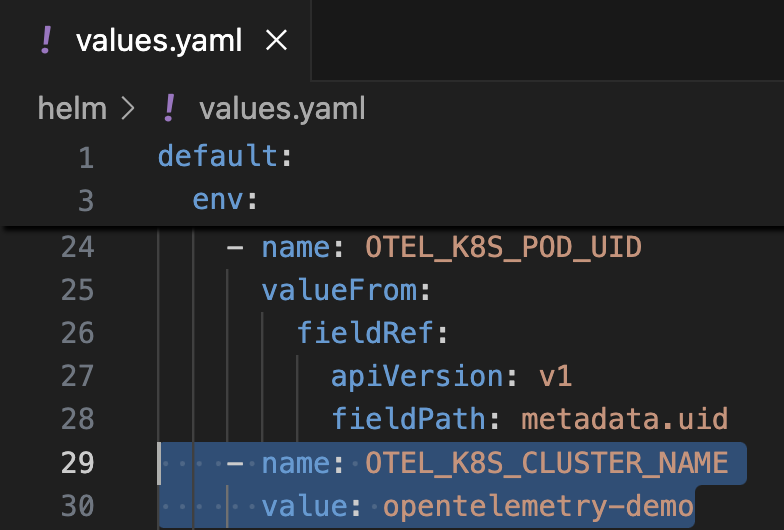 Screen shot highlighting where the cluster name is defined in values.yaml file.