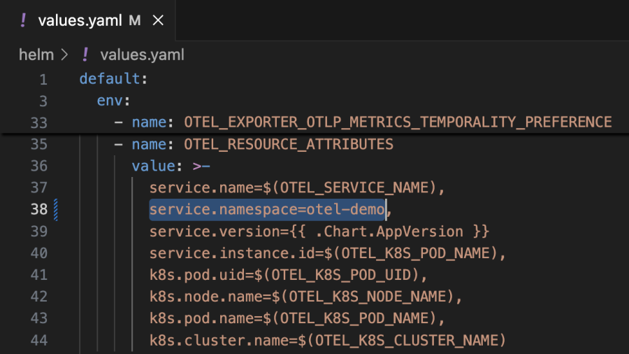 Screen shot that highlights where the service namespace is defined as an OTel attribute in the values.yaml file.