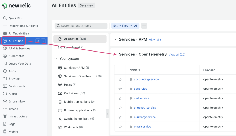 Screen shot that shows the New Relic platform's All Entities view, with an arrow pointing to a list of OpenTelemetry services.