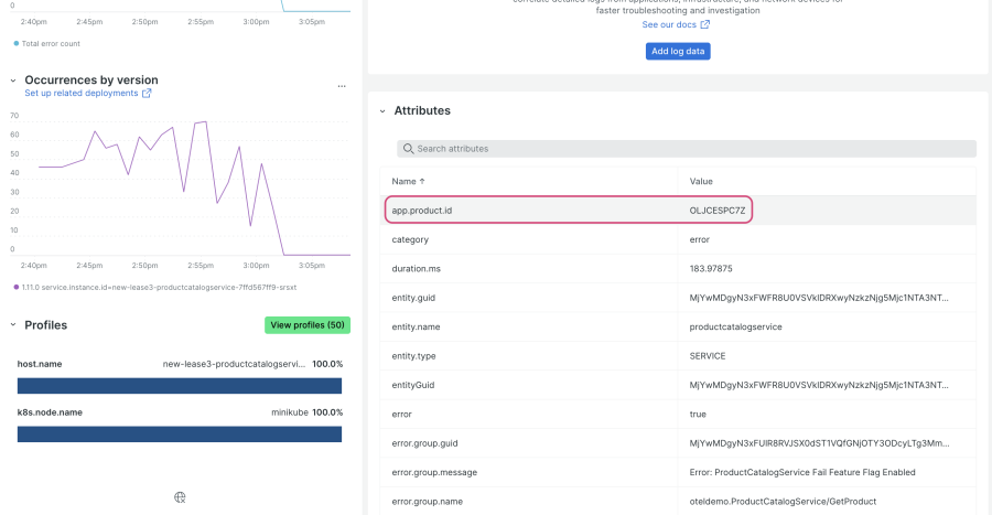 Screen shot showing the view of the GetProduct error group, with the attribute of the problematic app ID circled. 