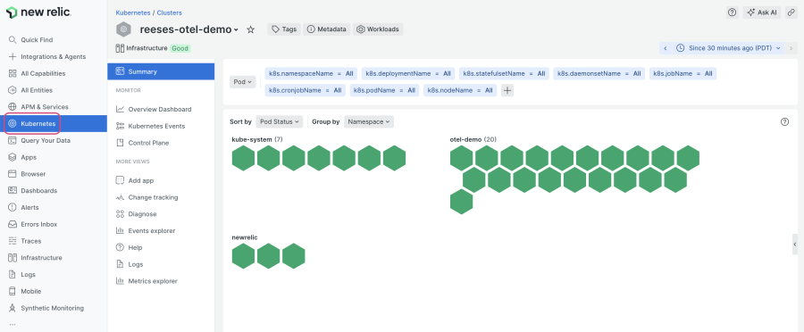 Screen shot showing the Summary page for a Kubernetes cluster, with pods organized by namespace. Kubernetes is circled from the main left-hand navigation menu to demonstrate where you click to obtain this view.