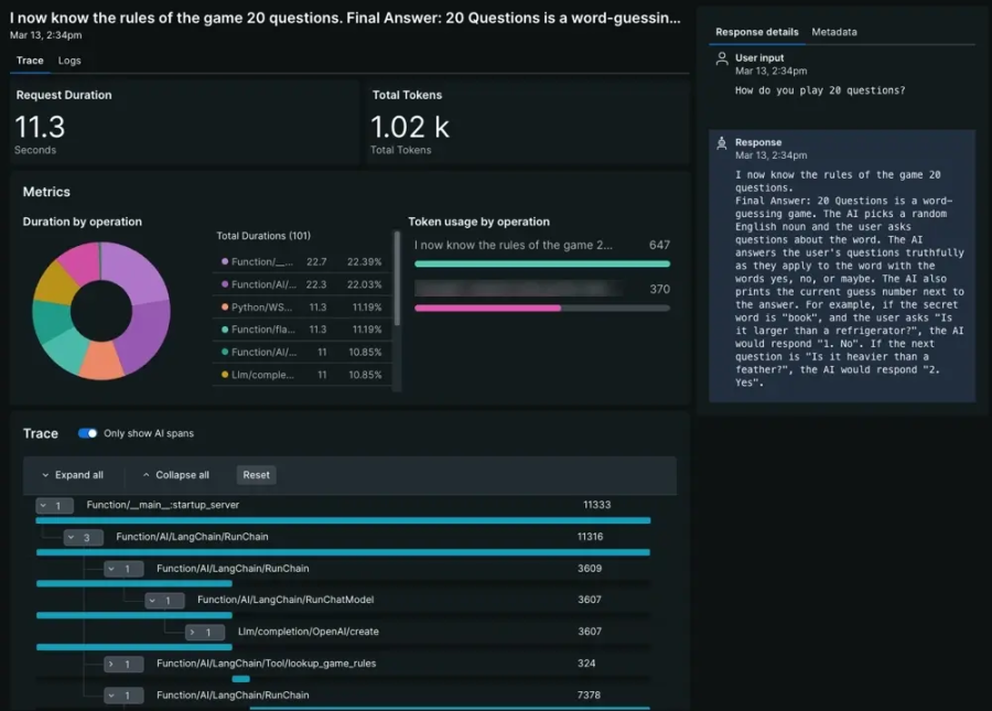 New Relic AI monitoring full trace view 