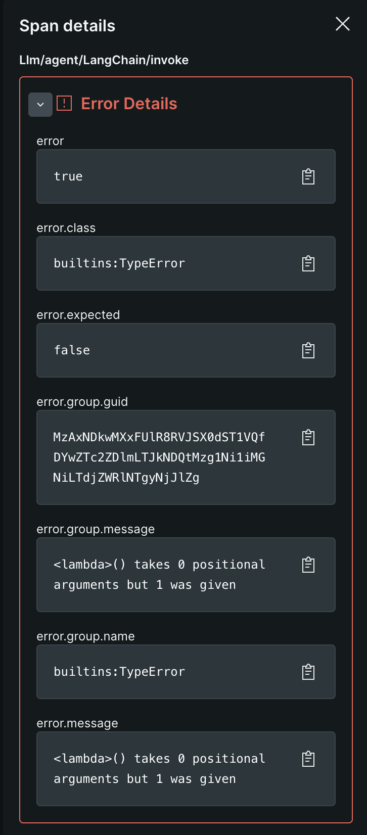 span details with error details