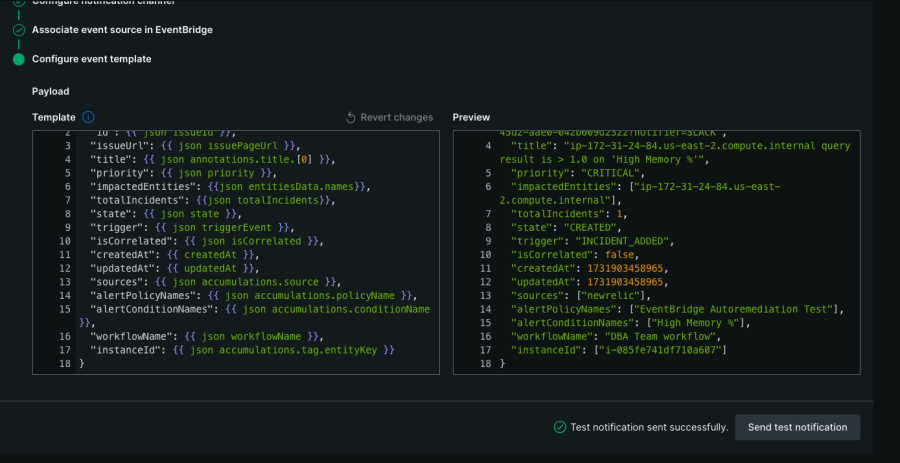 Event configuration menu in New Relic