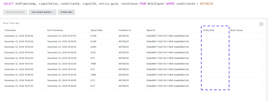 NrAiSignal での entity.guid の確認例 (entity.guid がない場合)