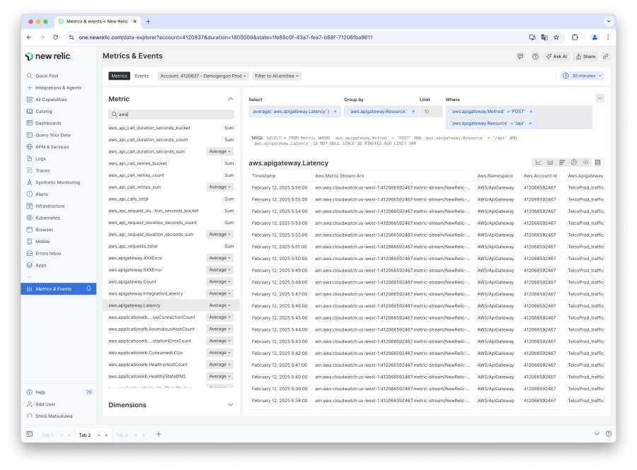 Metric & Events - aws.apigateway.Latency - timestamp