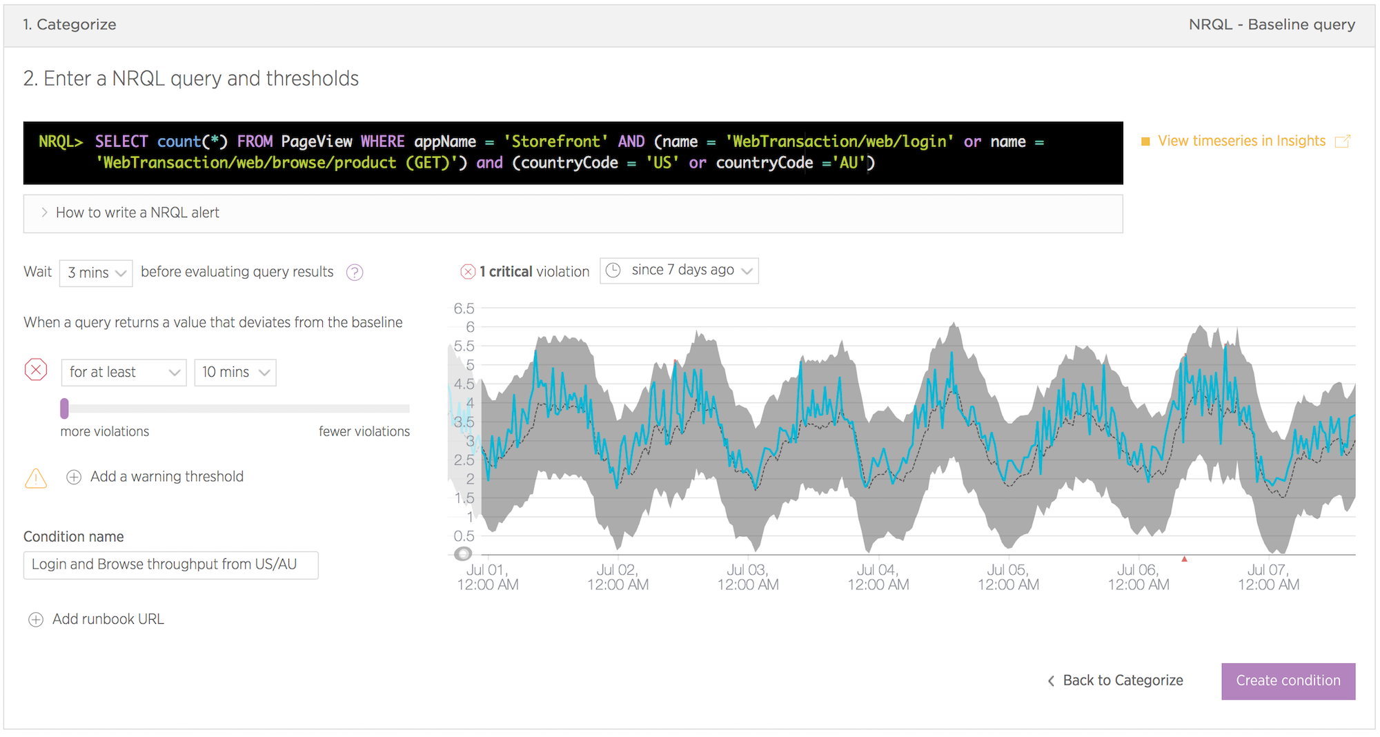 NRQL Baseline Alerts screenshot example