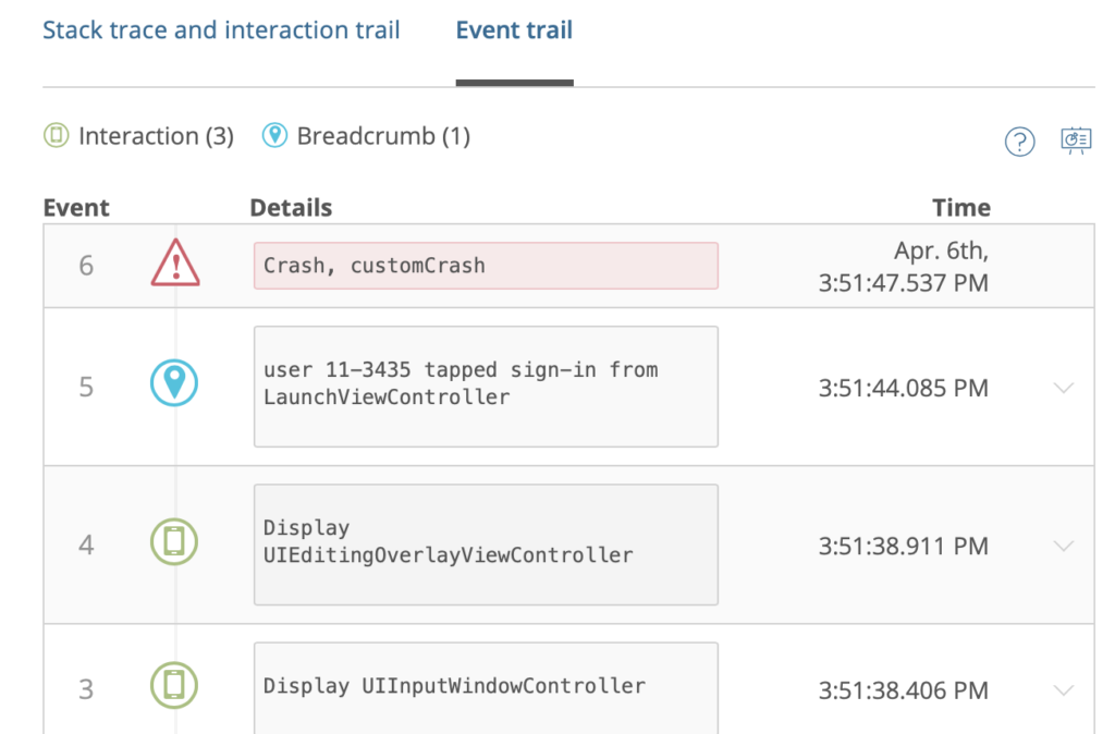 Screen Shot Mobile Crash Event Trail
